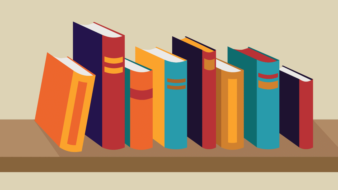 A line of books on a bookshelf