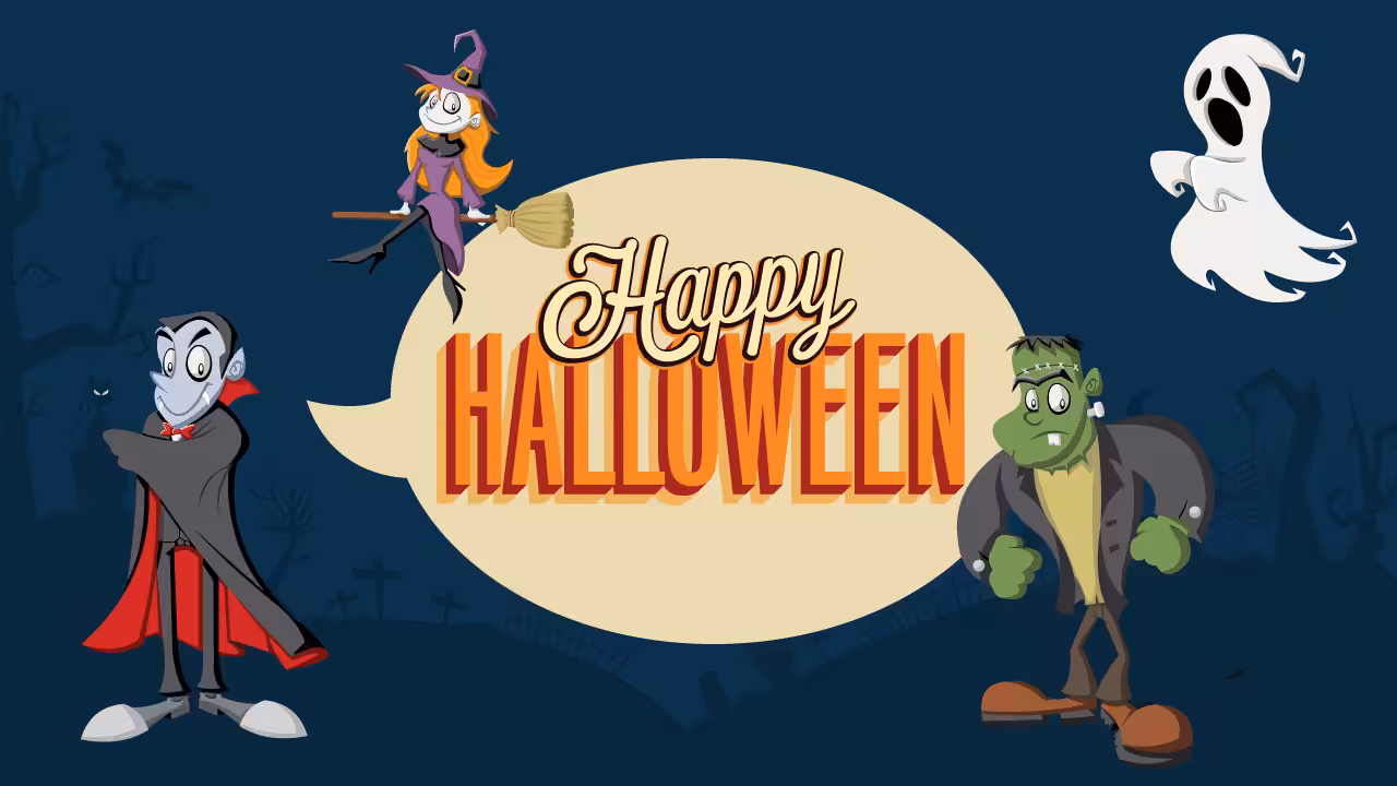 Halloween caracters wishing a happy halloween