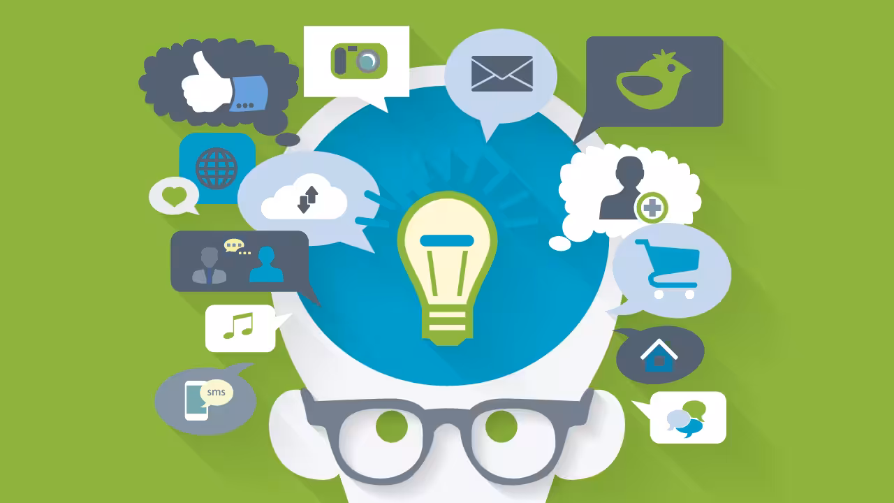 Marketing icons coming out of mans brain