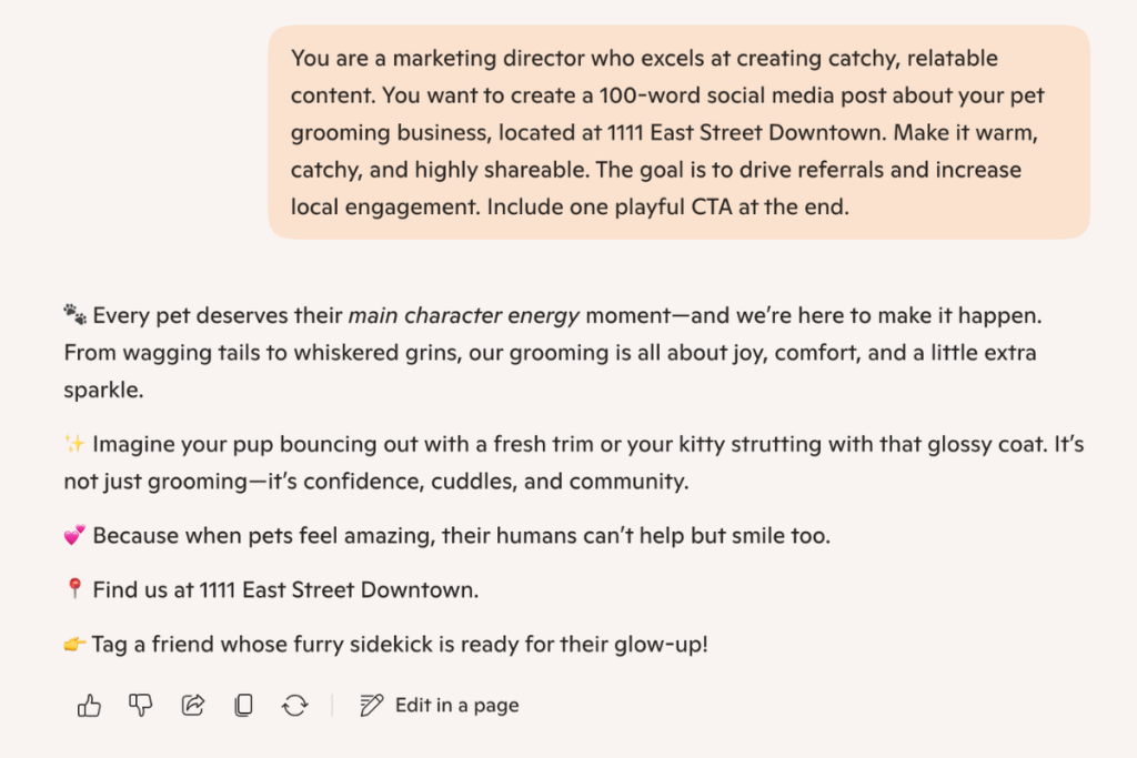 Screenshot of a prompt asking Copilot to write a 100-word social media post for a pet grooming business and the generated post