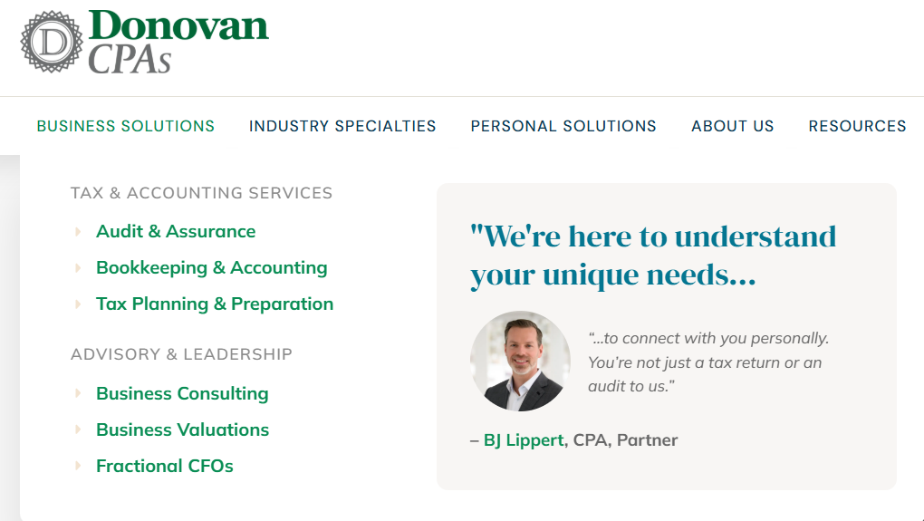 Donovan CPAs website mega menu