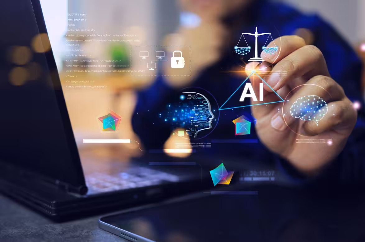 AI graphics by hand and laptop