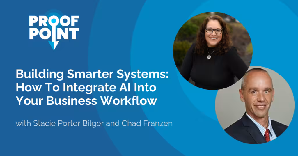 Headshots of Stacie Porter Bilger and Chad Franzen and the Proof Point logo on a blue background