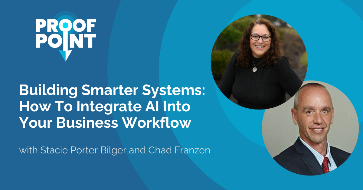 Headshots of Stacie Porter Bilger and Chad Franzen and the Proof Point logo on a blue background