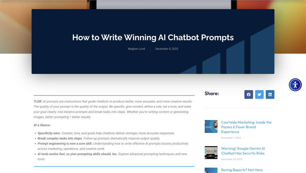 A blog post titled "How to Write Winning AI Chatbot Prompts" with a TLDR and at a glance section
