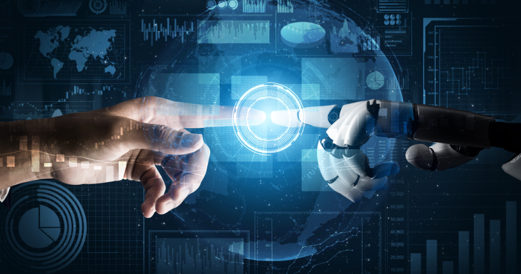 Human hand and robotic hand reaching toward each other