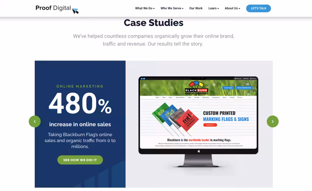 Proof Digital home page highlighting a 480% increase in online sales for Blackburn Flag