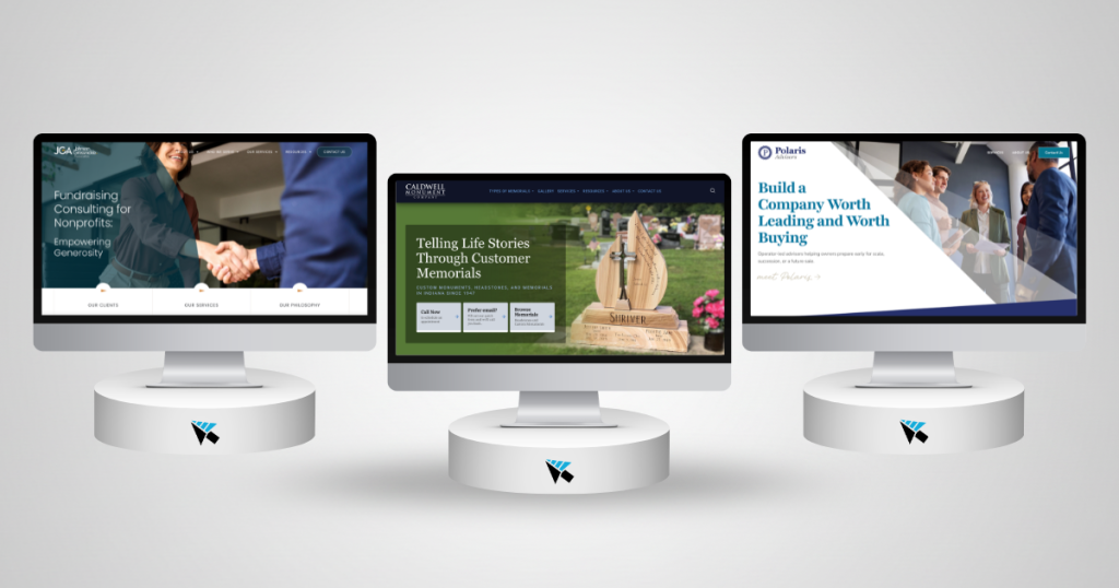 Three website homepages on desktops