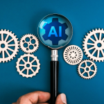 Magnifying glass highlighting “AI” over interlocking gears