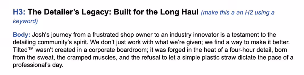 Screenshot of a blog post section with an H3 heading and an editorial note in italics to reformat it as an H2 with a keyword