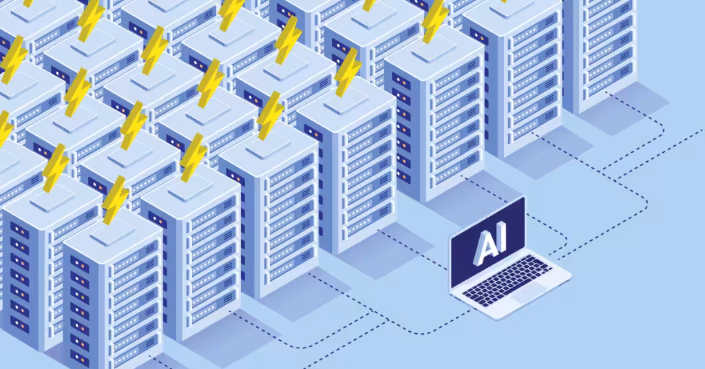 data center server racks powered by lightning bolts, connected via dashed lines to a laptop displaying 'AI' on the screen