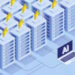 data center server racks powered by lightning bolts, connected via dashed lines to a laptop displaying 'AI' on the screen