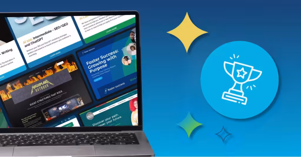 Laptop displaying Proof Digital website projects beside a trophy icon