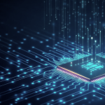 Glowing computer chip on a dark circuit board with streams of light rising from it